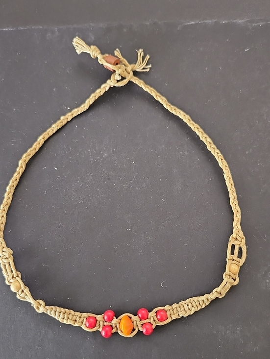 Jewelry - Handmade Tan Vintage Macramé Necklace with Red and Orange Beads Boho